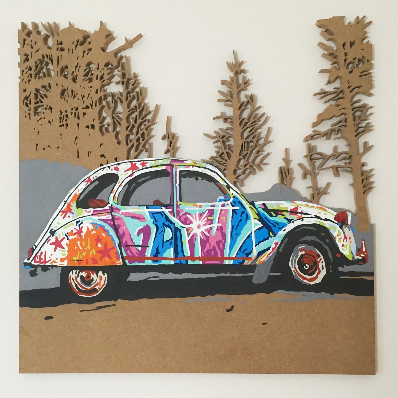 Citroën 2 CV : Gravure et peinture sur bois