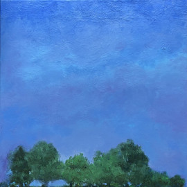 A painting of the sky above lush green trees