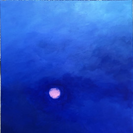 An abstracted landscape in blue with a pink celestial body