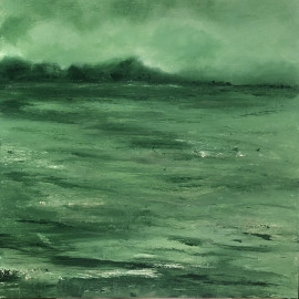 An abstracted landscape painting in shades of green