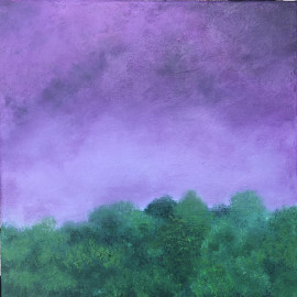 A little landscape painting of deep green trees against a purple sky