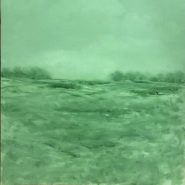 A landscape painting in shades of green 