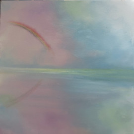 A serene landscape painting with a partial rainbow 