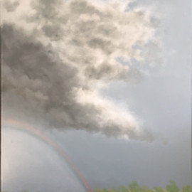 A cloudscape painting with a rainbow 