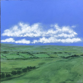 A landscape with clouds in the distance 