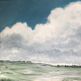 A landscape painting with towering clouds climbing the sky above photographed in strong daylight 