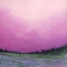 An abstracted landscape painting with a pink sky 