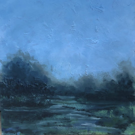 An abstracted landscape painting in shades of blue and green