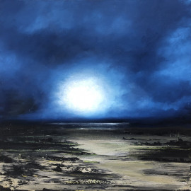 Oil painting of a landscape under a full moon