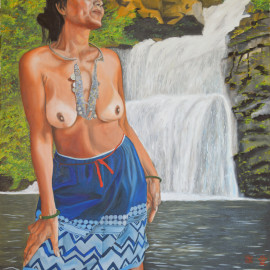 nude, figurative painting, waterfalls, paradise, tropical, Hmong woman, Vietnamese, exotic, forest, jungle, Valentine, peace, happy, Bougereau, William Adolphe Bougereau