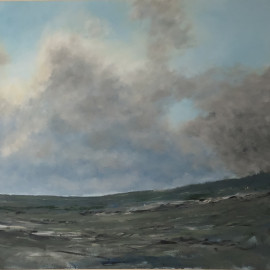 An abstracted landscape painting photographed in natural light on a grey day