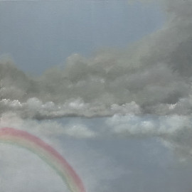 A cloudscape painting with a rainbow in natural daylight 