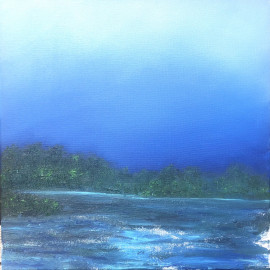 A landscape painting in deep blues and green