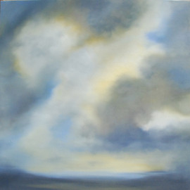 Oil painting, cloudscape, blues and yellow, sky