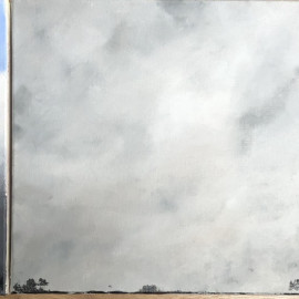 A triptych depicting clouds thickening over 3 different landscapes