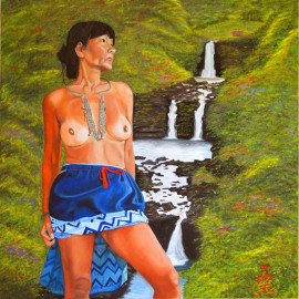 Hmong woman, semi nude, Sapa Vietnam, waterfalls, landscape painting, figurative painting, Thu Nguyen, contemporary realism, fine art,  Asian contemporary art, 