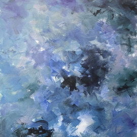 An abstract painting in shades of blue, green and purple 