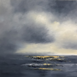 oil painting, cloudscape, blues and yellow, sky