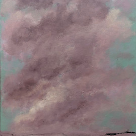 An abstracted landscape in shades of dusky pink