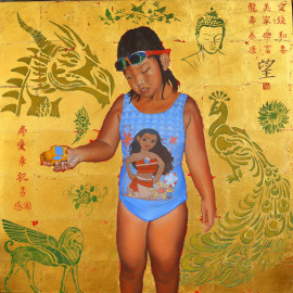 child portrait, figure painting, portrait painting, little girl in bathing suit, Moana, gold leaf, golden painting, contemporary realism, Asian Contemporary Art, children in art, Vietnamese girl