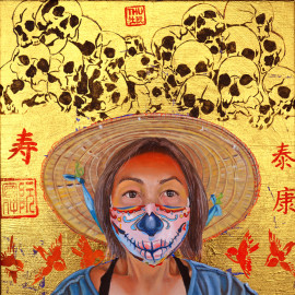 conical hat, face mask, Covid-19, pandemic, golden painting, mixed media painting, gold leaf, portrait painting, golden painting, Asian Contemporary Art, fine art, contemporary realism, Vietnamese woman