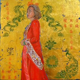 portrait painting, figure painting, Chinese Concubine, red robe, golden painting, gold leaf, brown floor, Asian Contemporary Art, Thu Nguyen, contemporary realism, fine art, home decor, wall art, gift, beautiful woman, Chinese girl