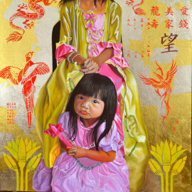 original painting, painting, gold leaf, children portrait, princesses, happy, love, cute, golden painting, portrait, little girls, Asian Contemporary Art, contemporary realism, Thu Nguyen