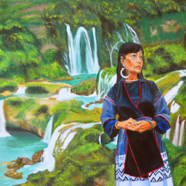 Sapa Vietnam, waterfalls, Hmong woman, landscape painting, figurative painting, oil on panel, Thu Nguyen, contemporary art, fine art, oil painting, Asian contemporary art, impressionist painting, wall art, home decor, gift idea, 