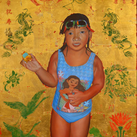golden painting, gold leaf, figure painting, portrait painting, Asian Contemporary Art, contemporary realism, little girl, swimmer,, bathing suite, Moana, child portrait, children in art, Vietnamese girl